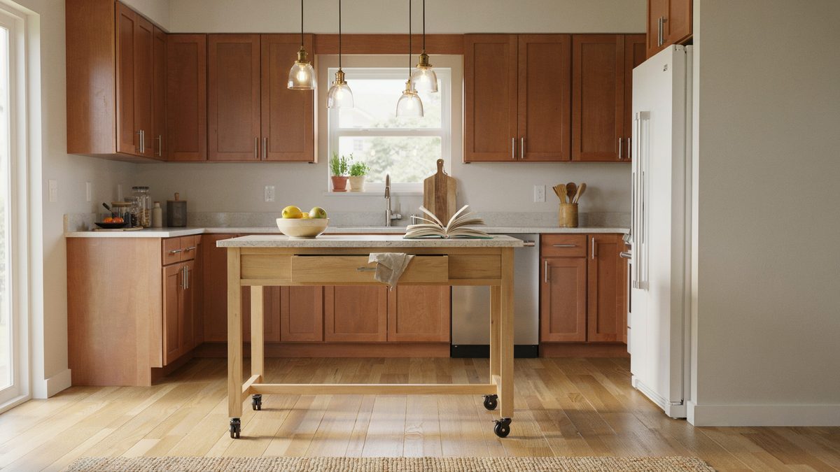 Oak island with yellow granite top in a maple laminate kitchen