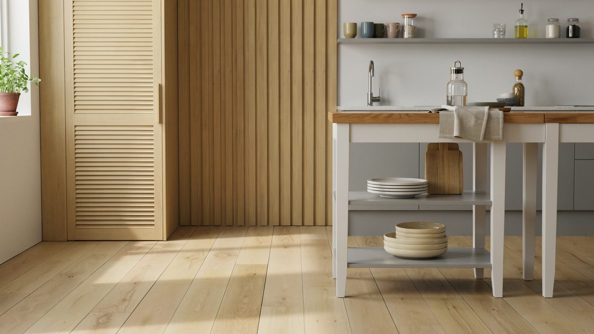 Slim white leg island with gray shelves beside a louvered pantry