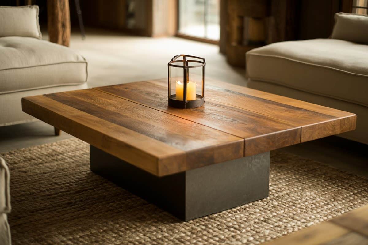 Thick teak coffee table on a concrete base with a single candle lantern on top
