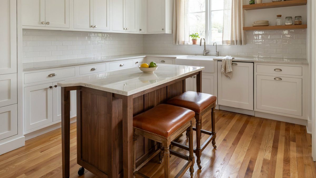 Dark walnut island with marble top and leather upholstered bar stools