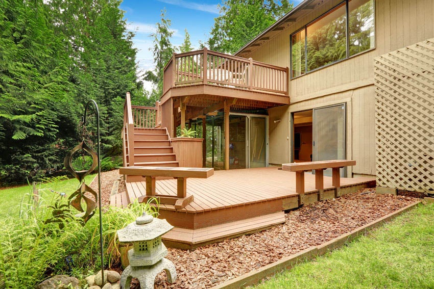Two story deck with stairs and small benches