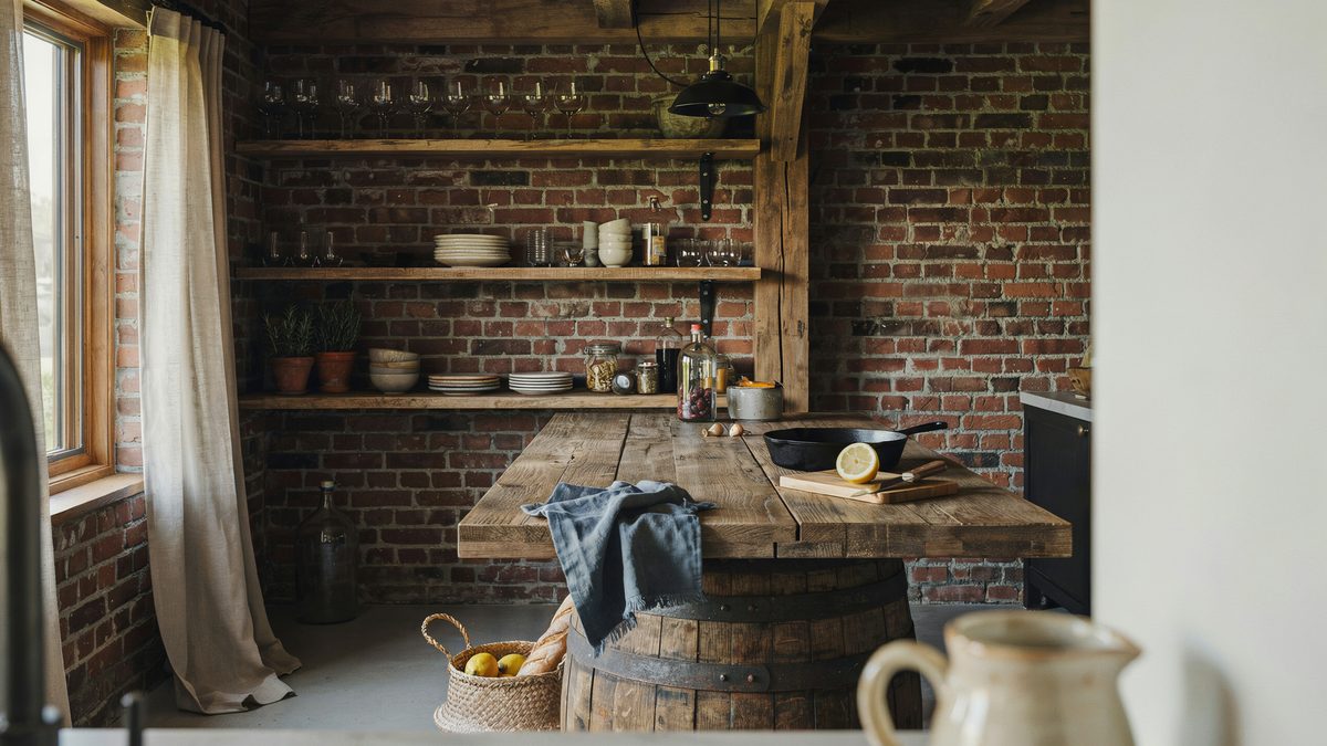 Wine barrel base island with reclaimed table top and open shelving