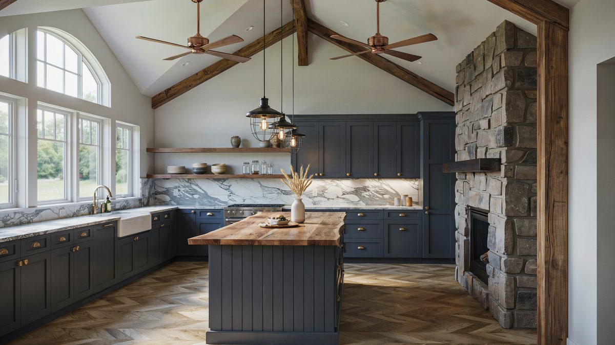 Vaulted kitchen with exposed beams, navy cabinets and a stone fireplace surround