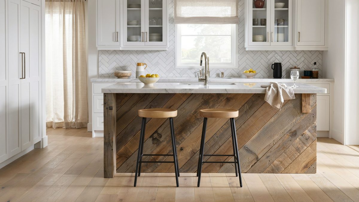 Diagonal barn plank island with white marble top and two wooden stools