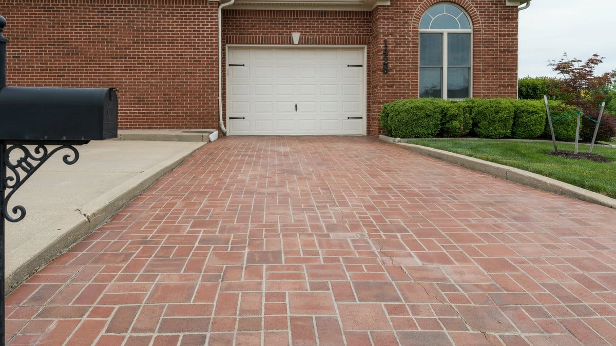 Red clay brick pavers in running bond leading to a brick home garage