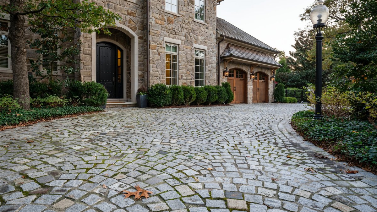 Granite cobblestone setts fanning across the motor court of a stone luxury home