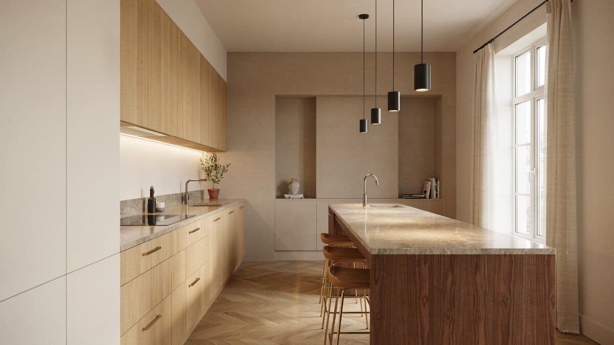 Small linear layout with a mahogany island and three matching pendant lamps