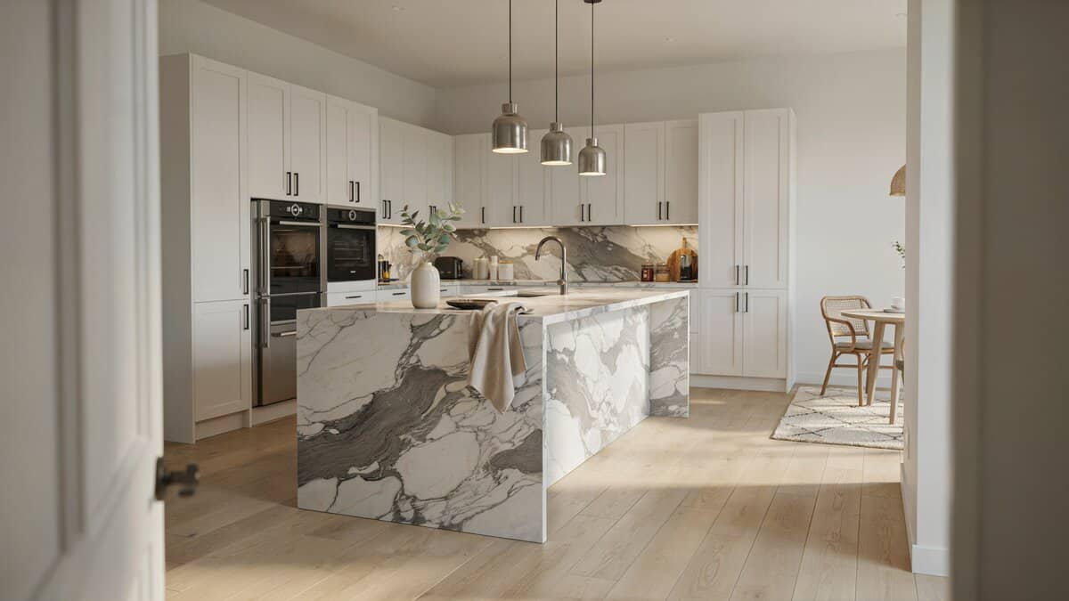 Waterfall island clad in Calacatta marble beneath three slim stainless pendants