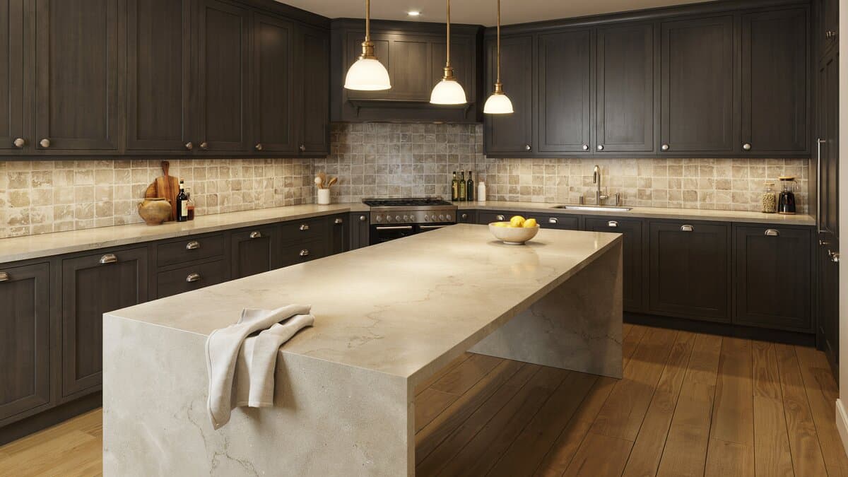 Dark wenge paneling, stone tile backsplash and pendants over a narrow island