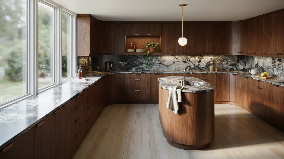 Curved open layout with dark walnut cabinets and a small round island sink
