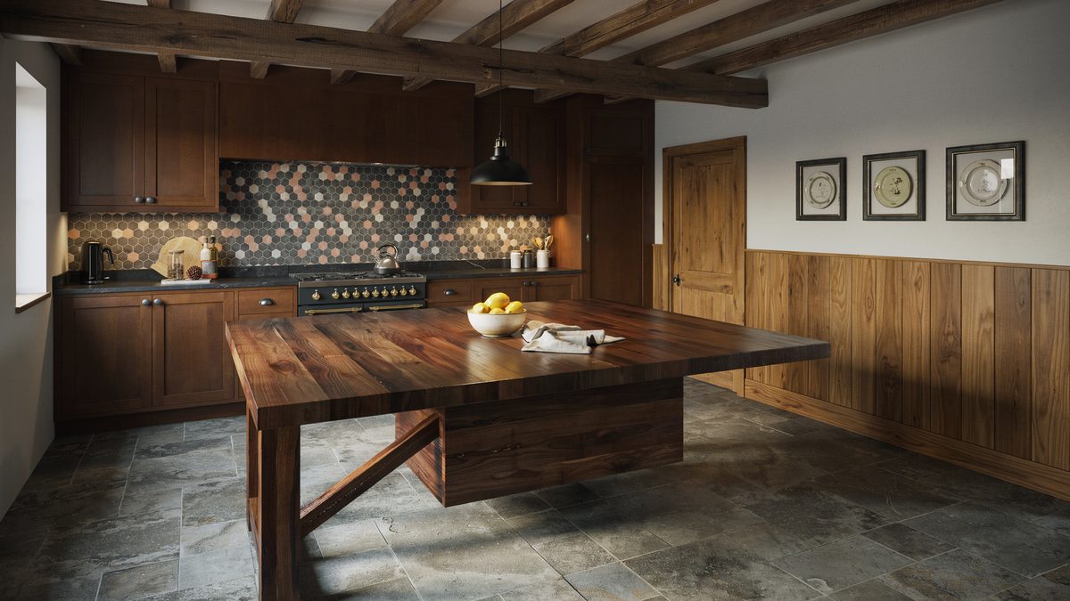 Dark walnut trestle island under exposed beams with a mosaic tile backsplash