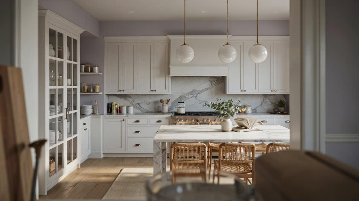 French style paneled doors, lilac gray walls and three round pendant lamps