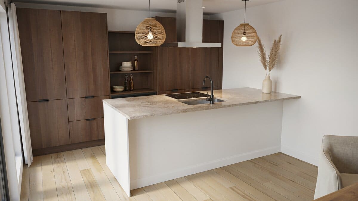 Fixed island with a hollow core base matching the wall and baseboard