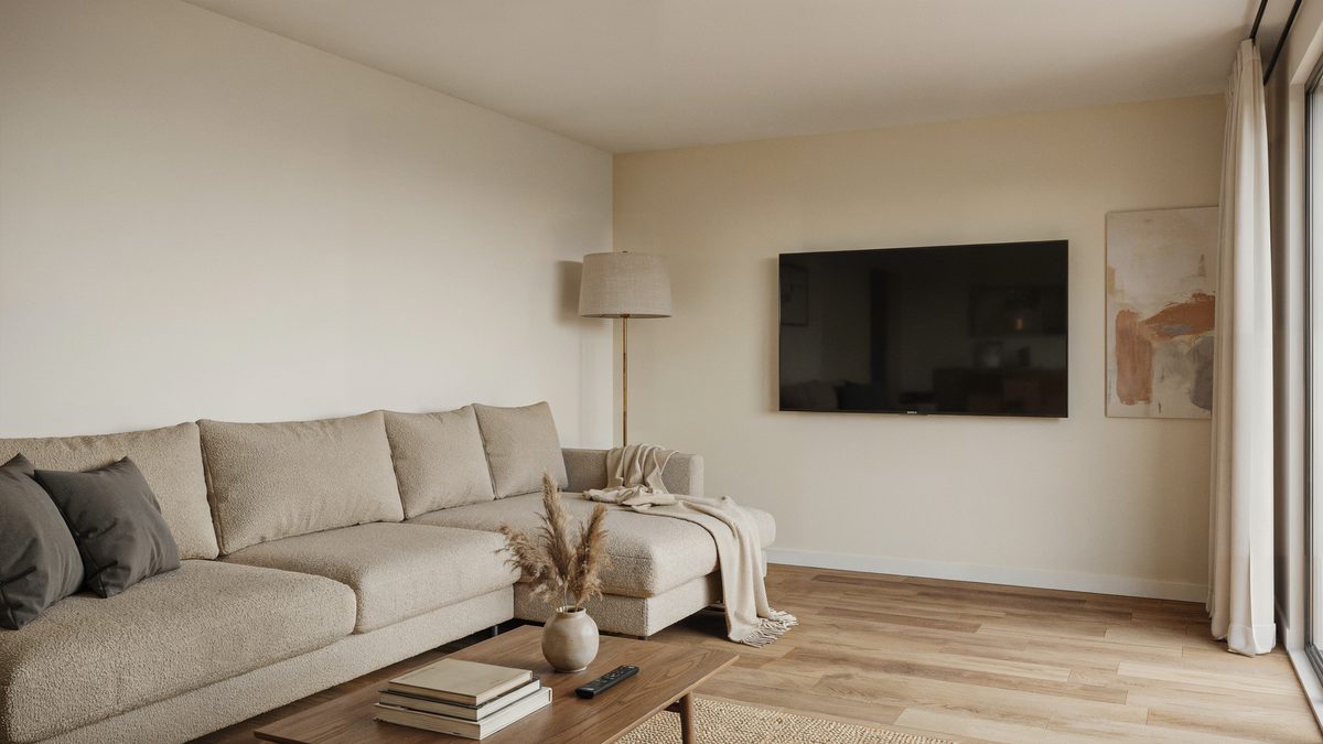 Laminate boards in a warm oak tone beneath a long linen sectional facing a mounted TV