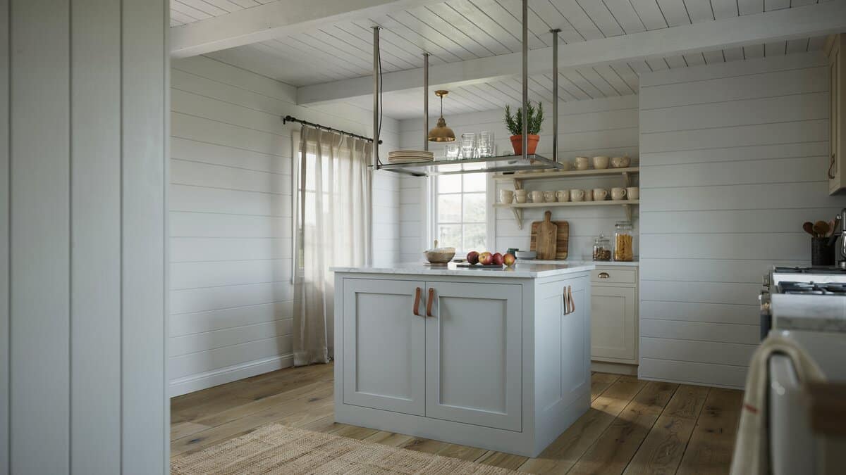 Shiplap walls and ceiling with a gray island in white Statuary marble