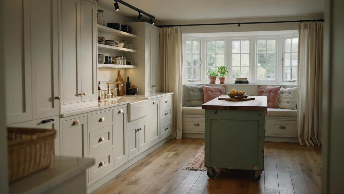 Rolling green painted island with butcher block top facing a cushioned window seat
