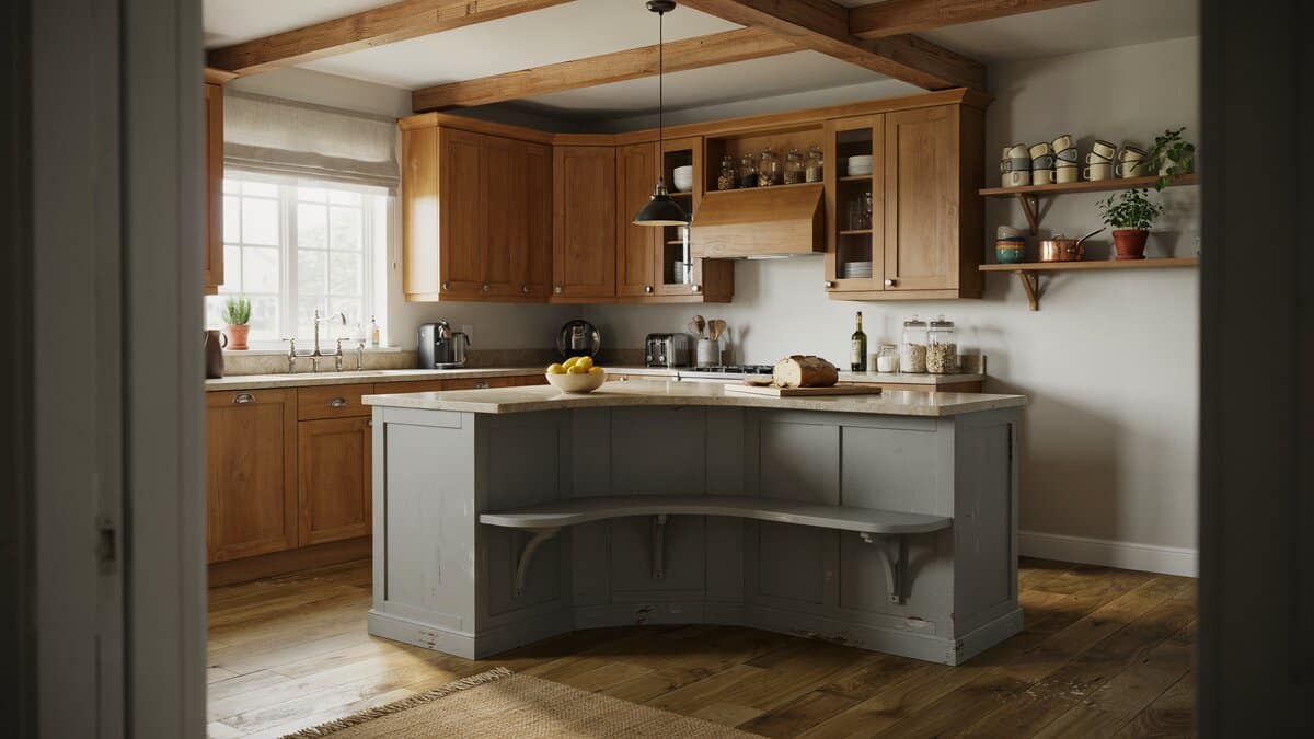 Curved weathered gray island with a two level beige granite bar counter