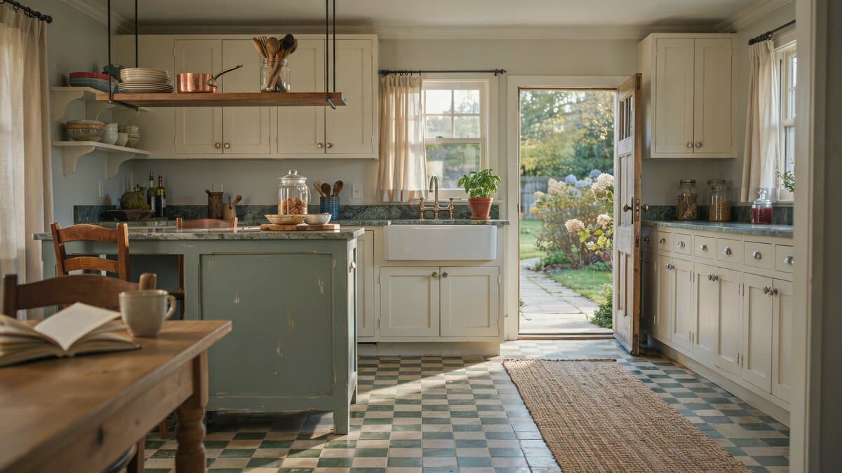 Green and white checkerboard floor with an antiqued green painted island base