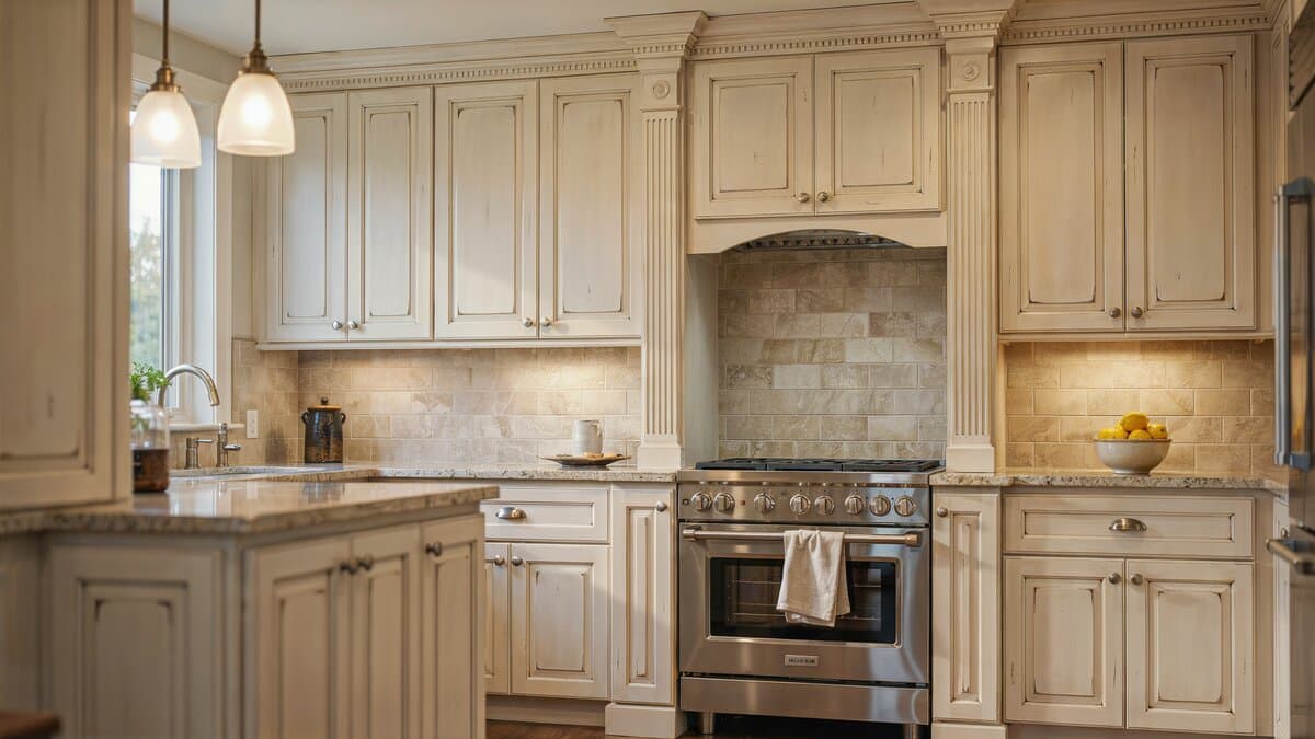 Cream raised panel cabinets framing a stone hood with travertine backsplash and granite tops