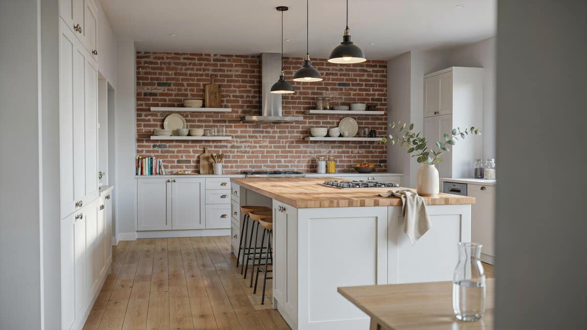 Butcher block island with a cooktop set against an exposed brick wall