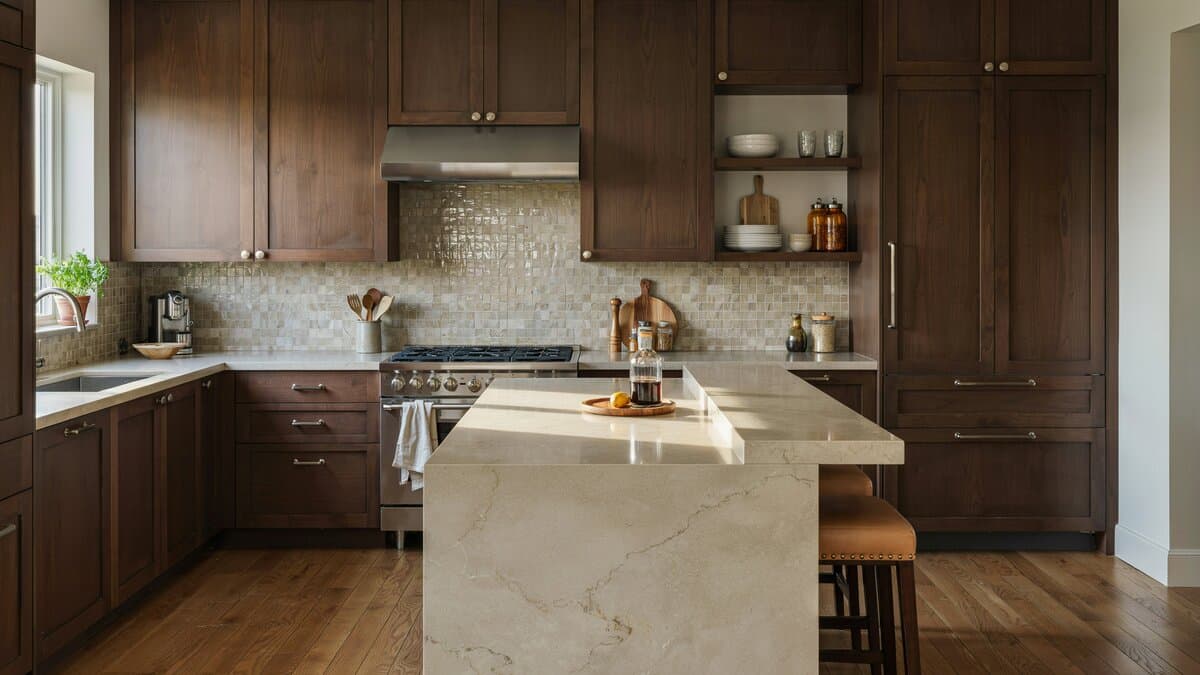 Wenge solid wood cabinets with a two level beige granite bar island