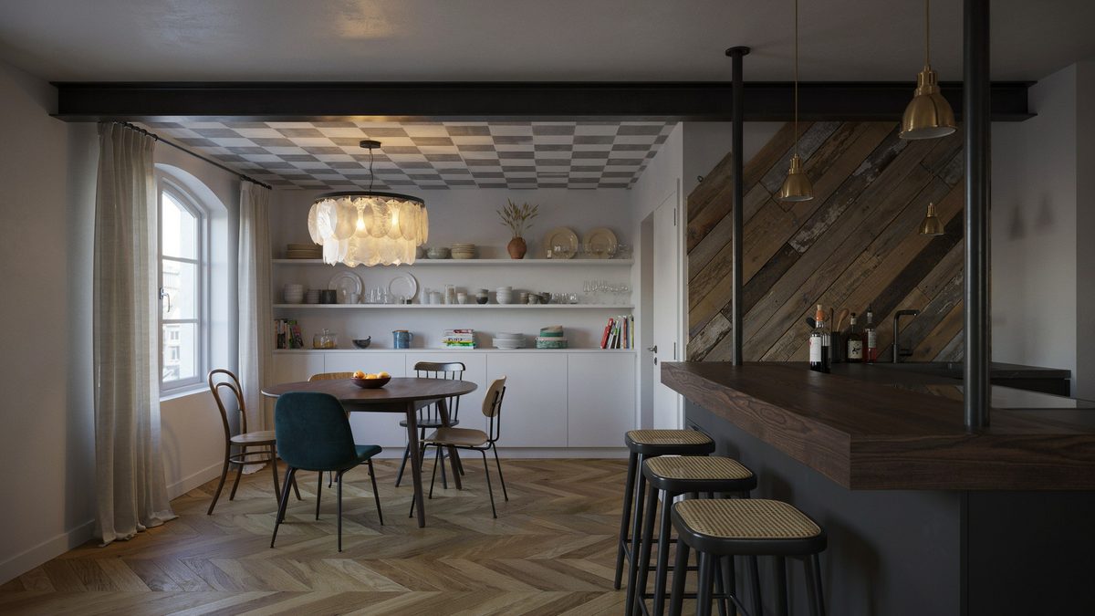 Dark bar counter with black steel posts and a checkerboard tile ceiling cove