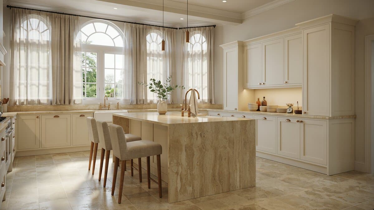 Off white classical paneling with warm travertine counters and a ceramic island sink