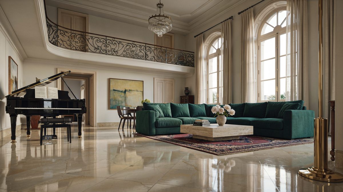 Glossy cream marble reflecting a black grand piano and an iron scrollwork balcony