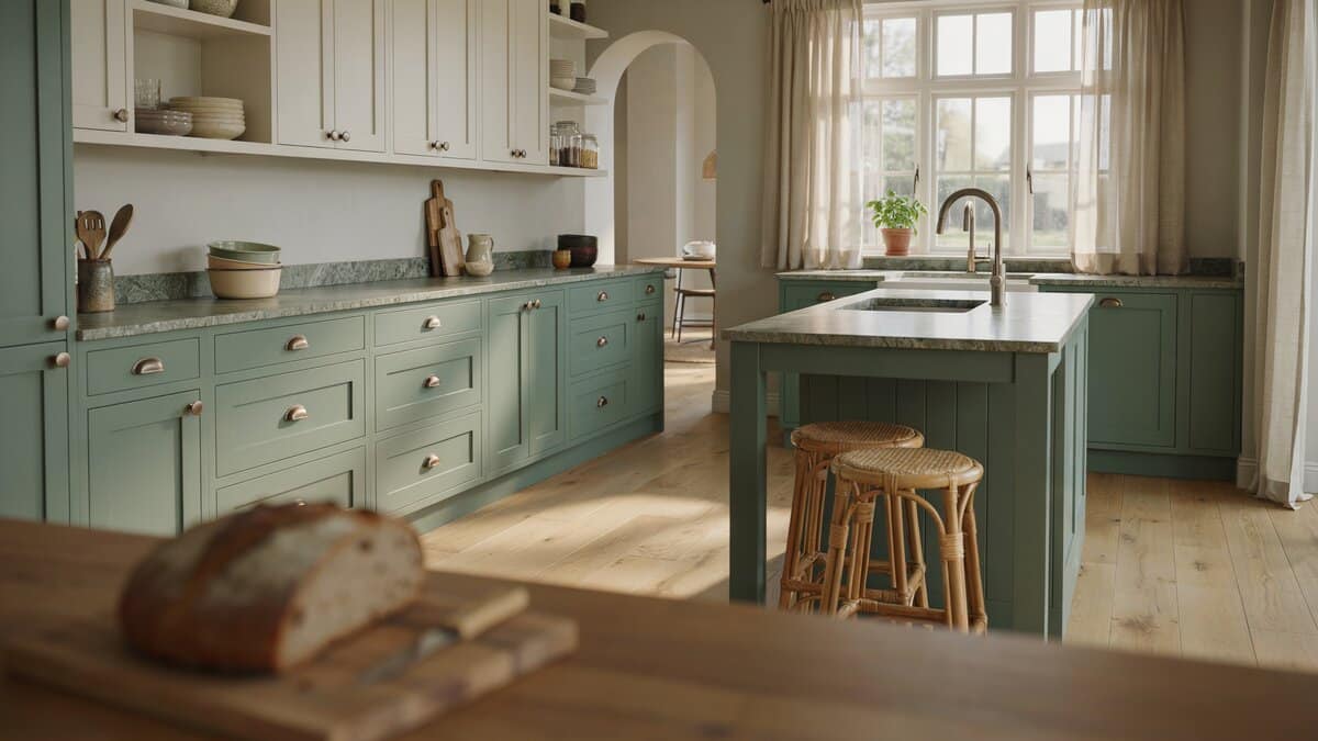 Sage green and white country cabinetry with a small green granite island