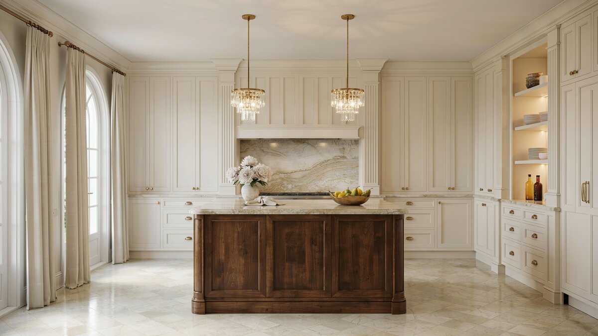 Neo classic columned cabinets framing a square wenge island under twin chandeliers