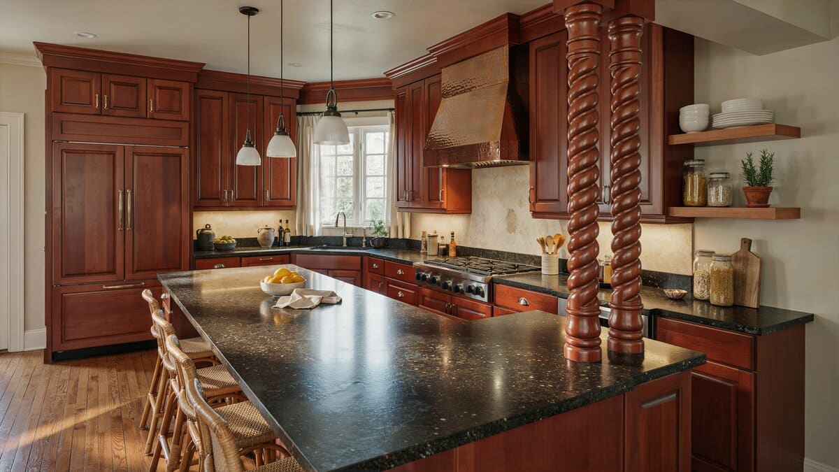 Mahogany cabinetry and a black granite island carried on turned rope posts