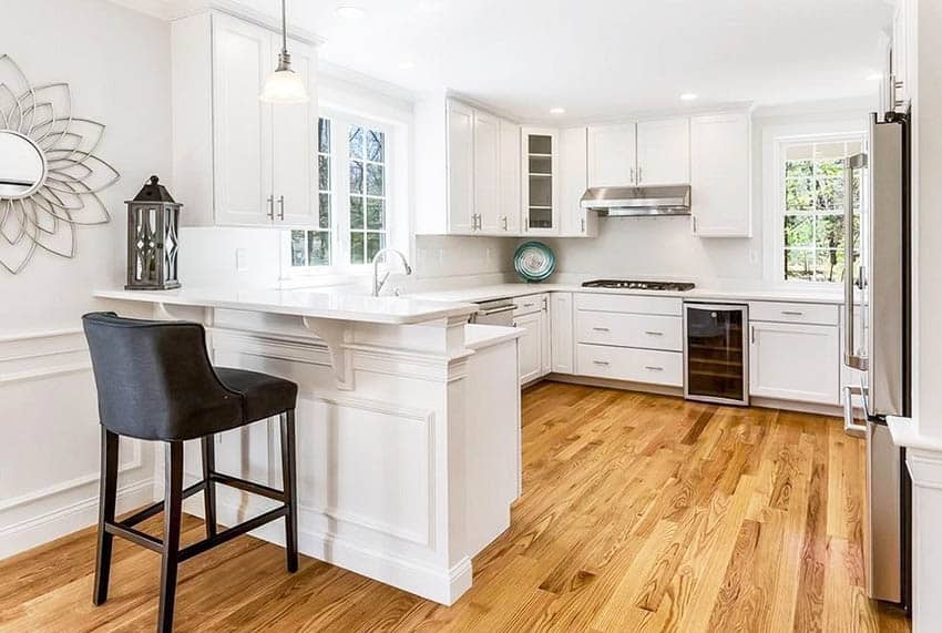 Kitchen with white cabinetry small bar peninsula and wood plank flooring