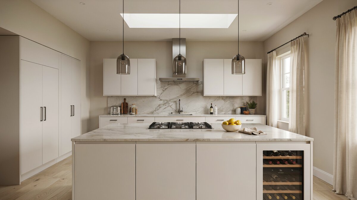 Flat panel white cabinets and a marble island holding cooktop and wine chiller