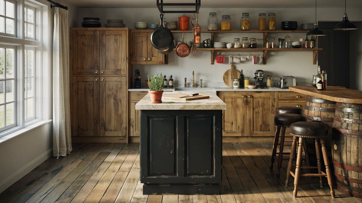 Weathered wood cabinets with a bar counter built from vintage wine barrels