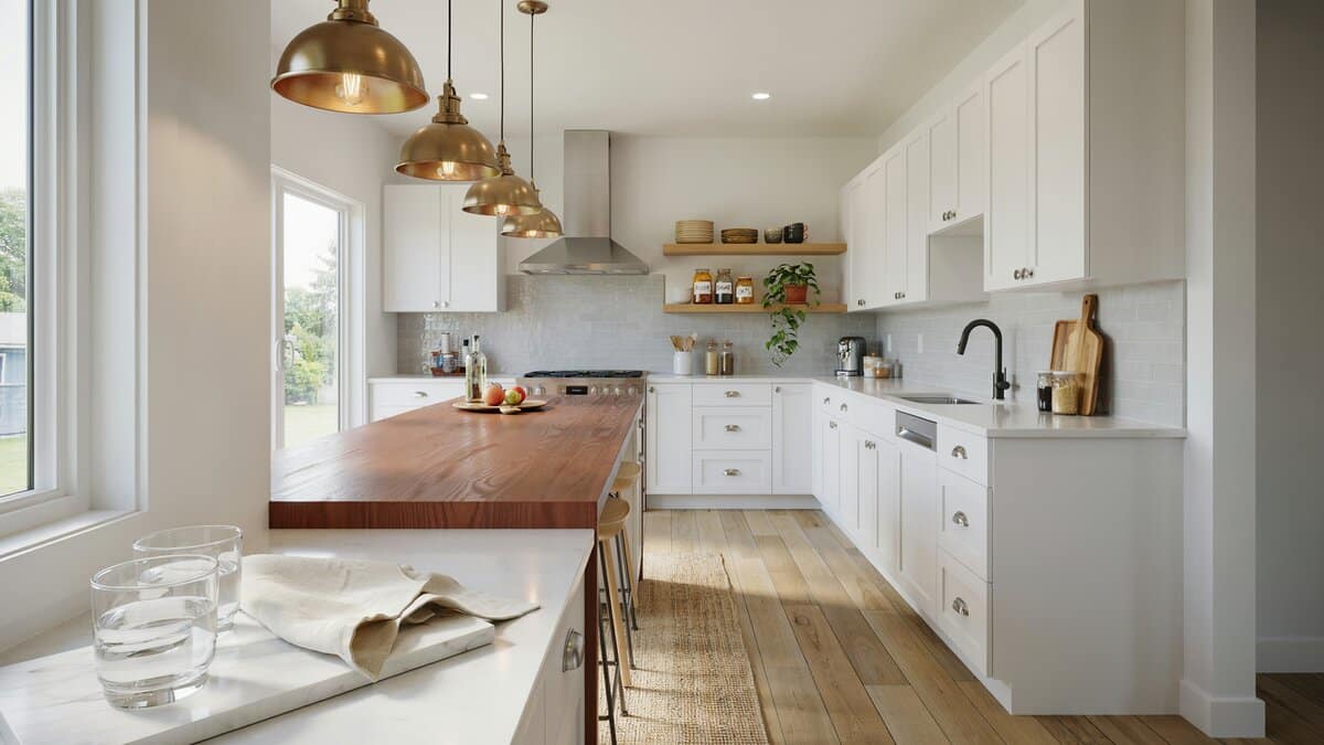 Bright L shaped layout mixing white cabinets with a redwood laminate island