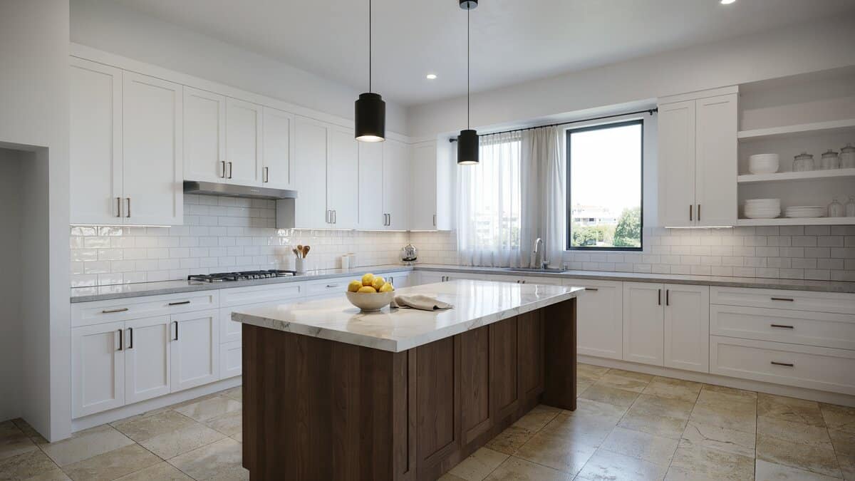 White shaker perimeter cabinets with a walnut island and pale stone tile flooring