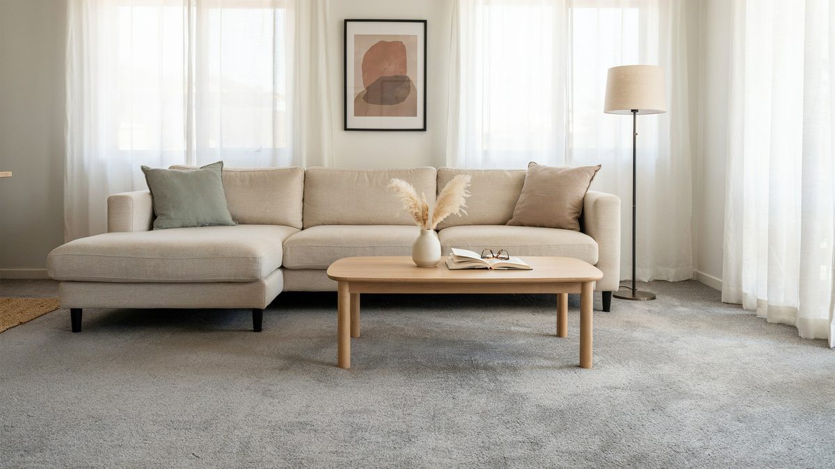 Dense gray nylon pile filling the room beneath a cream sofa and oak coffee table