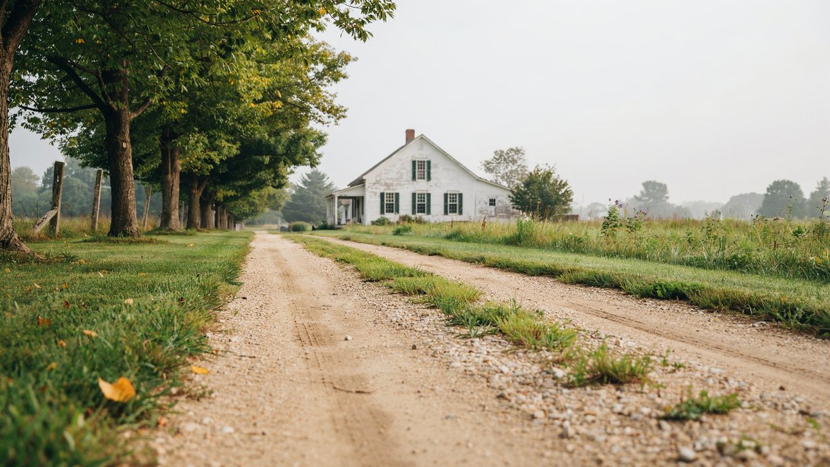 Long dirt driveway with twin tire ruts and a grass center strip to a farmhouse