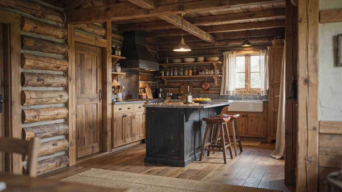 Log cabin walls and beams around an antiqued black island with granite