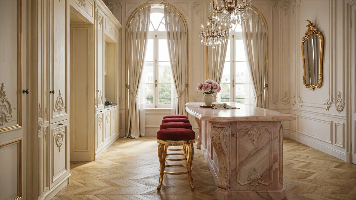 Gold gilded Rococo cabinetry with a rose island and red velvet stools