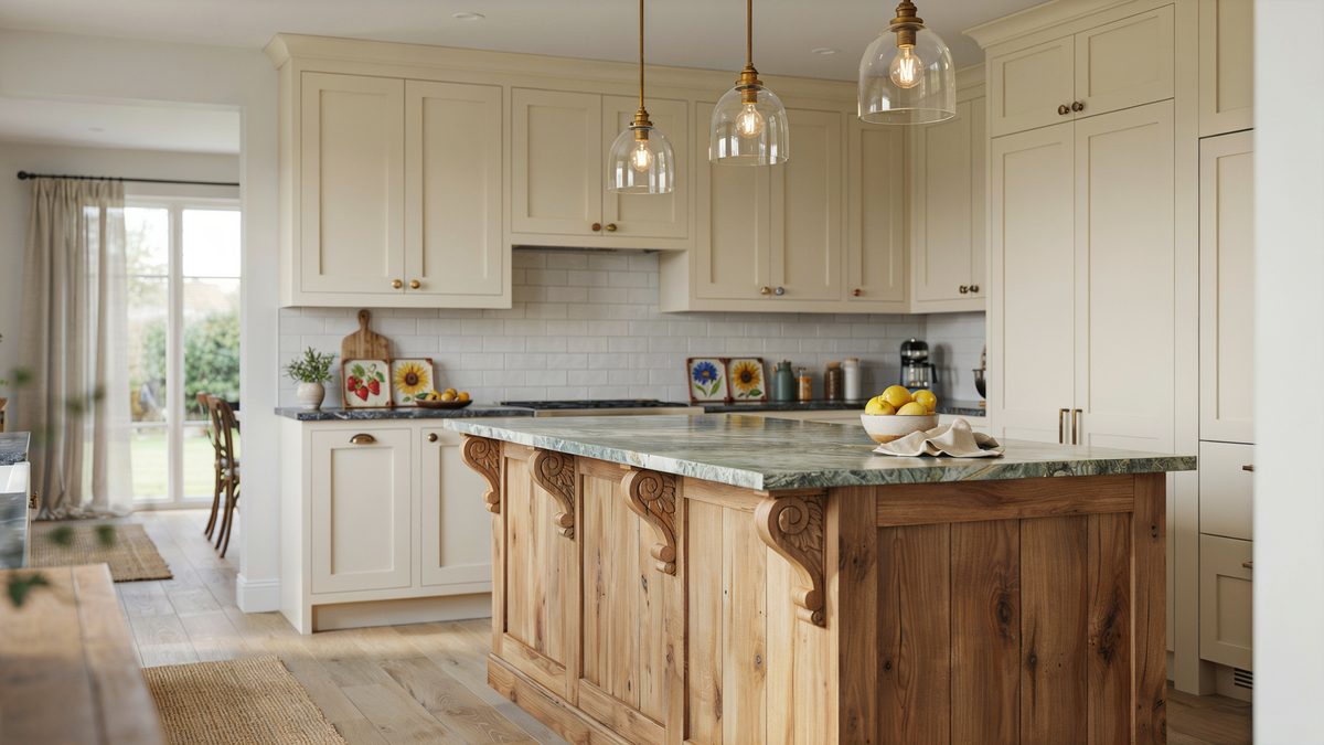 Green marble island top resting on carved wood brackets beside cream cabinetry