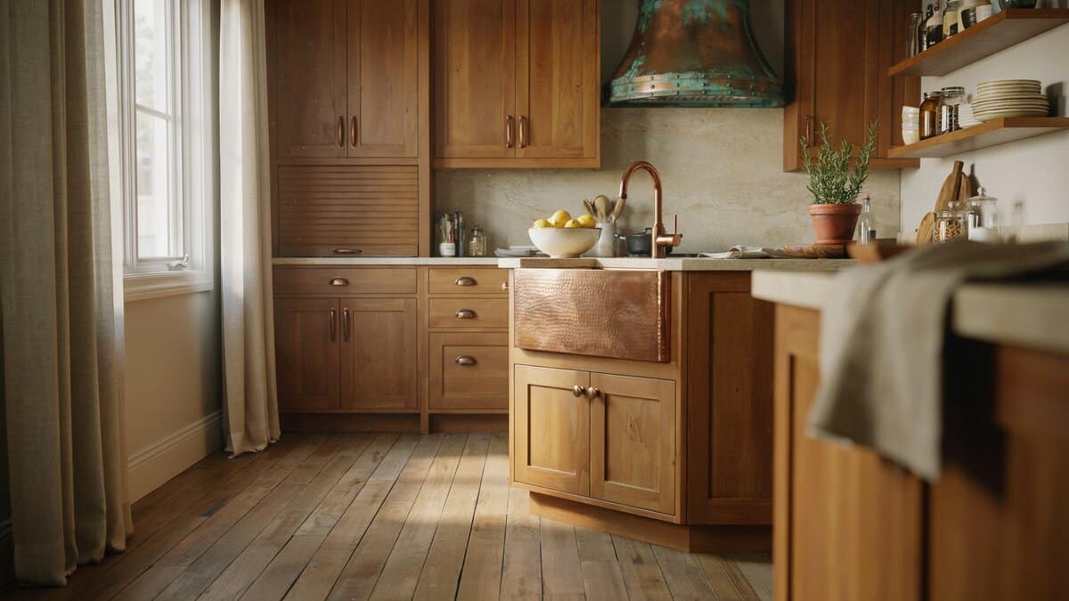 Solid walnut paneling with a hammered copper sink and antiqued copper hood
