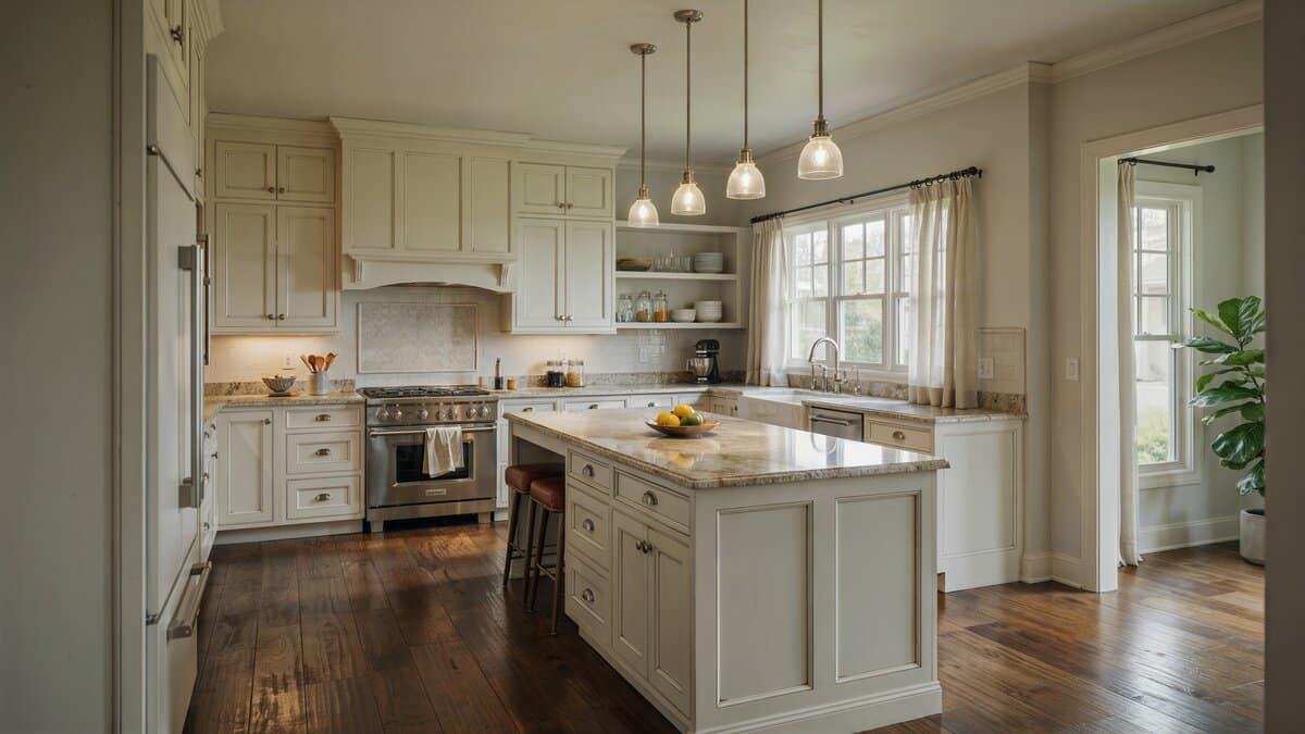 Traditional kitchen with antiqued white cabinets, dark oak floors and a beige granite island