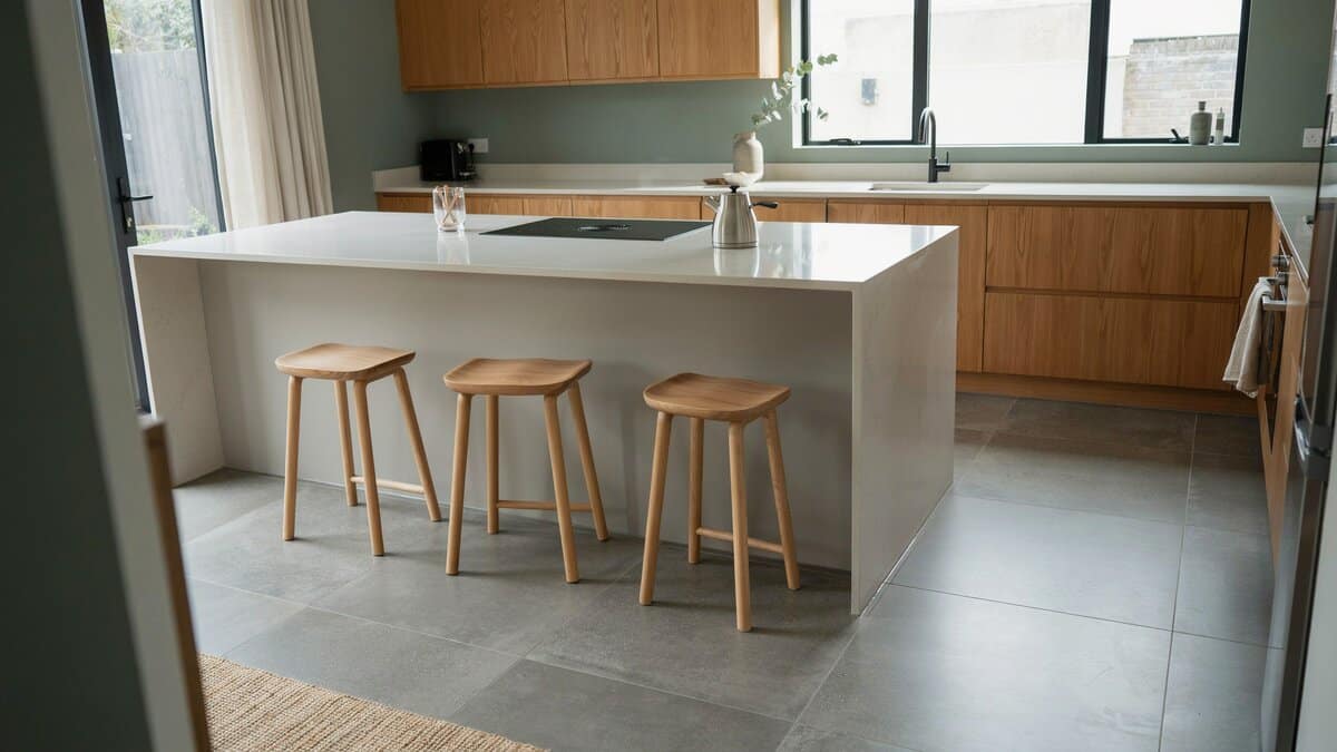 Sage green walls, teak laminate cabinets and gray concrete floor tiles