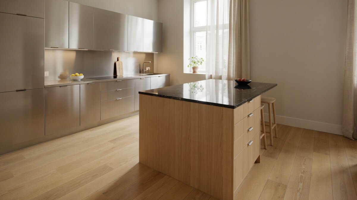 Stainless steel cabinets softened by a beech wood island with black granite