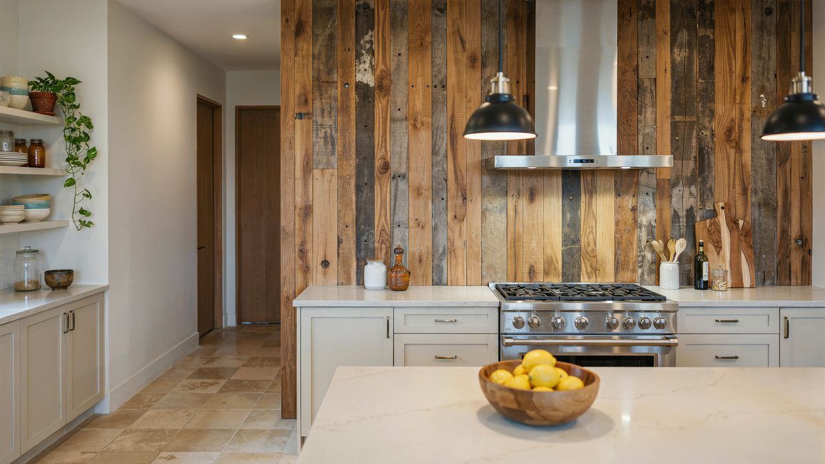 Vertical barn board wall behind a stainless range and pale stone peninsula counter