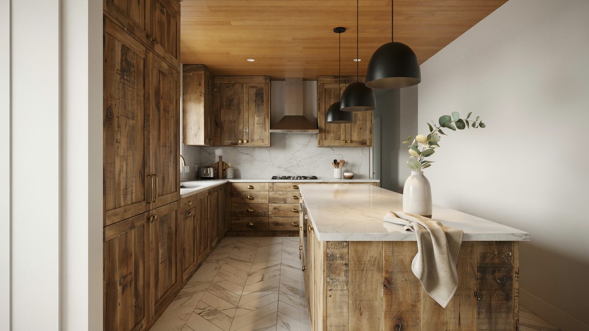 Rustic plank cabinetry and matching island under a warm wood plank ceiling