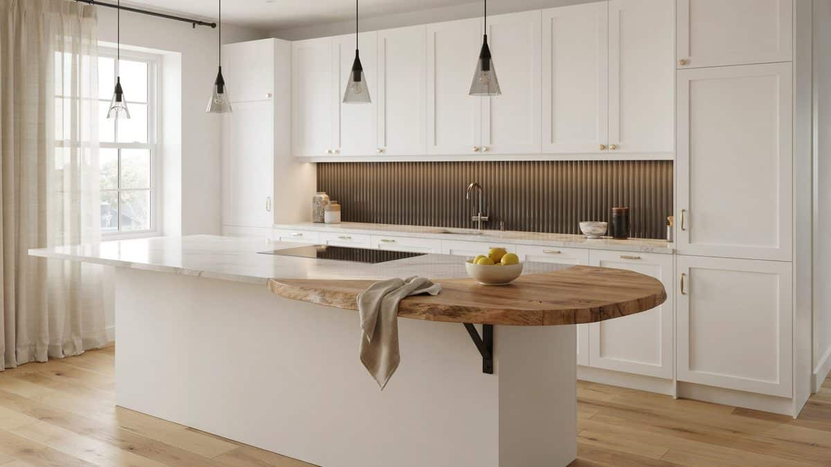 Half moon wood counter curving off a white island with high gloss cabinets