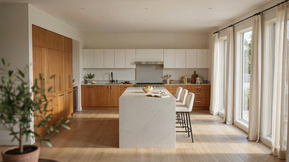 Teak base cabinets below white uppers with a bright quartz topped island