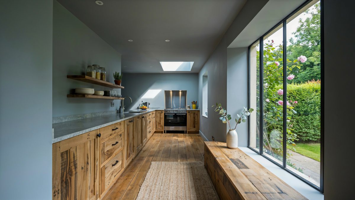 Reclaimed timber galley run and bench seat facing sliding glass garden doors